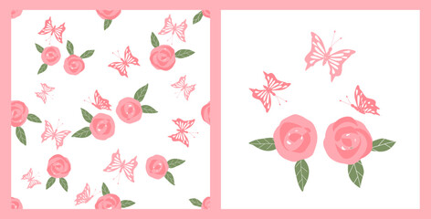 Sticker - Seamless pattern with pink rose and butterfly cartoons on white background. Rose flower and butterfly icon sign vector illustration.