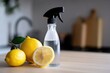 bottle of homemade lemon cleaner, with a spray nozzle attached, for easy and ecofriendly cleaning, created with generative ai