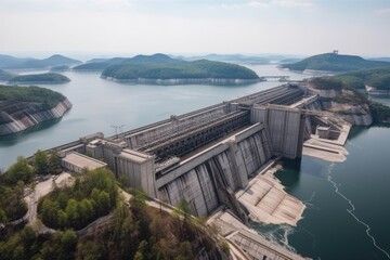 Wall Mural - view of a massive hydroelectric power plant, with the dam and reservoirs visible in the background, created with generative ai