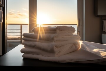 Sticker - luxury resort, with view of the ocean and sunset, featuring stack of freshly washed towels and linens, created with generative ai