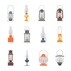 Fototapete - Cartoon Color Different Camp Lamp Old Kerosene Oil with Flame Set Concept Flat Design Style. Vector illustration