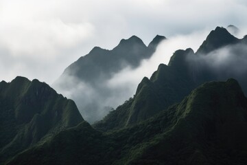 Poster - mountain range with thick clouds and mist, providing a serene setting, created with generative ai