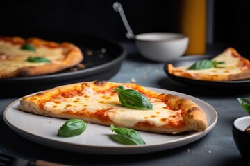 Sticker - plate of classic cheese pizza with extra-cheese and sliced basil, created with generative ai