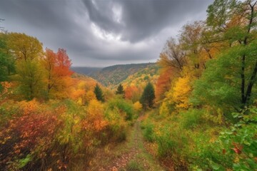 Wall Mural - autumn forest hike with colorful foliage and misty clouds in the sky, created with generative ai