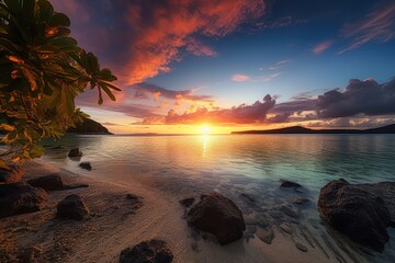 Poster - remote island beach with crystal-clear waters and majestic tropical sunset, created with generative ai