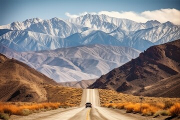 Poster - scenic road trip through mountain range, with majestic peaks in the background, created with generative ai