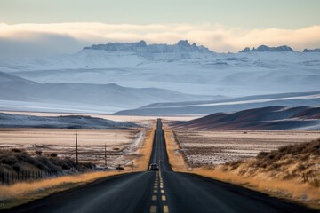 Canvas Print - scenic road trip through mountain range, with snow-covered peaks on the horizon, created with generative ai