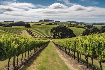 Wall Mural - vineyard with rows of vines and rolling hills in the background, created with generative ai