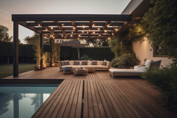 a lavish side outside garden at morning, with a teak hardwood deck and a black pergola. scene in the