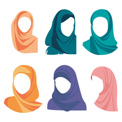 Poster - Cartoon Color Different Woman Wearing Colorful Hijabs Icon Set Concept Flat Design Style. Vector illustration of Female Fashion