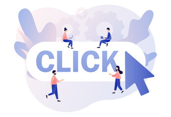 Wall Mural - Click here button. Tiny people with huge mouse arrow click. Cursor pointer sign. Internet concept. Modern flat cartoon style. Vector illustration on white background
