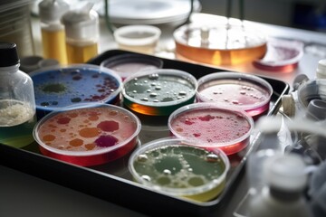 Wall Mural - microbial cultures and petri dishes in science lab, with tools for manipulation visible, created with generative ai