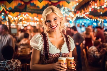 Wall Mural - Young Oktoberfest Beauty: Enjoying Festivities in Traditional Dirndl Attire, Generative AI