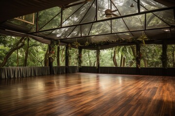 Wall Mural - dance floor surrounded by towering trees with the sound of birds and wind in the background, created with generative ai