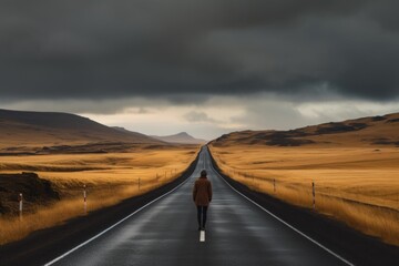 Wall Mural - a traveler, exploring the endless roads and natural beauty of iceland, created with generative ai