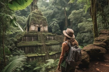 Wall Mural - lucky traveler exploring ancient mayan ruins in central america, created with generative ai