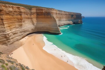 Wall Mural - scenic view of beach with clear blue waters and white sand, surrounded by towering cliffs, created with generative ai