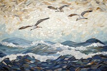Peaceful Scene Of Soothing Ocean Waves And Seagulls Flying Over The Water With Mosaic And Stained Glass Artwork In The Background, Created With Generative Ai
