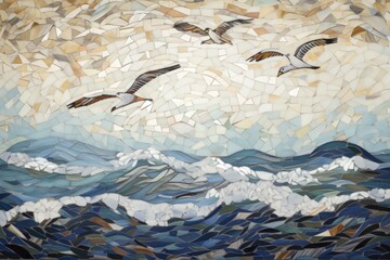 Wall Mural - peaceful scene of soothing ocean waves and seagulls flying over the water with mosaic and stained glass artwork in the background, created with generative ai