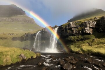 Sticker - waterfall, with rainbow and clouds in the sky, against scenic mountain backdrop, created with generative ai