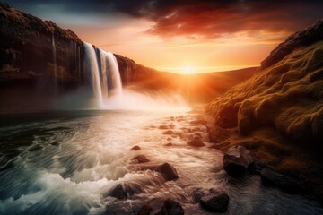 Wall Mural - waterfall, with view of the sunset in the background, creating a magical atmosphere, created with generative ai