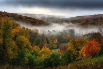 Sticker - majestic forest valley, with fall foliage and mist in the air, created with generative ai