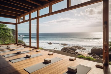 Poster - wellness retreats, with view of the ocean and beach, created with generative ai