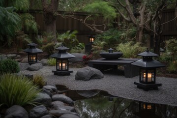 Canvas Print - zen garden, with water feature and lanterns, providing a peaceful setting for wellness retreat, created with generative ai