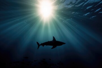 Wall Mural - silhouette of shark swimming among rays, with stunning underwater view, created with generative ai
