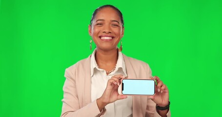 Sticker - Green screen cellphone, smile and business woman face with online notification, brand announcement or sales commercial. Chroma key portrait, smartphone app and corporate person on studio background