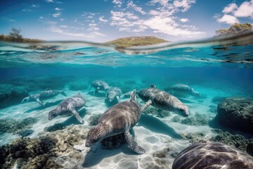 Wall Mural - a group of marine mammals swimming in crystal-clear waters, created with generative ai