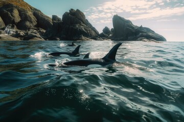 Wall Mural - orcas swimming through crystal-clear waters, created with generative ai