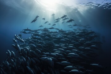 Canvas Print - school of fish swimming among the fins of a pod of dolphins, created with generative ai