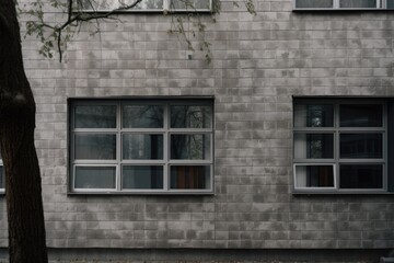 Poster - textured exterior wall with windows and doors in view, created with generative ai