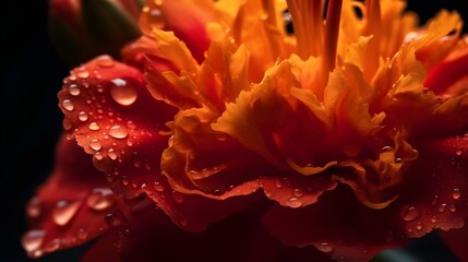 Wall Mural - Macro close up orange wet curly wavy marigold flowers and some water drops looks fresh on black background.  Generative AI technology.