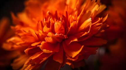 Wall Mural - Macro close up orange curly wavy marigold flowers on black background. Generative AI technology.