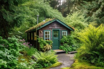 Canvas Print - tiny house, surrounded by lush greenery, in serene and peaceful setting, created with generative ai