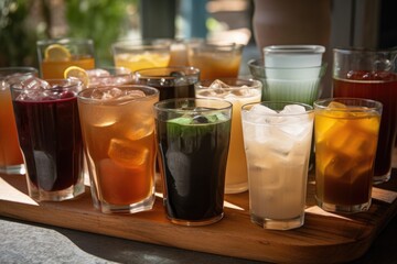 Poster - a selection of iced teas and coffees in different shapes, sizes, and colors, created with generative ai