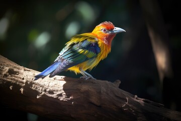 Sticker - colorful bird perched on tree branch, with its feathers shimmering in the sunlight, created with generative ai