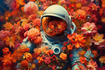 An astronaut with a helmet immersed in a breathtaking field of vibrant and colorful flowers. Ai generated