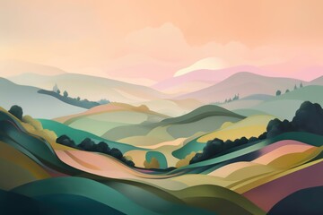 Wall Mural - pastel-colored sky and rolling hills in abstract landscape, created with generative ai