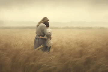 Mom and son hugging in the field alone, a dramatic concept