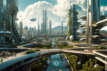 Illustration of future American city with flying cars and transport