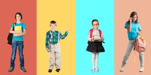  Set of cute happy school children on color background