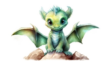 Cute Baby Green Dragon Sitting isolated on white. Generative AI