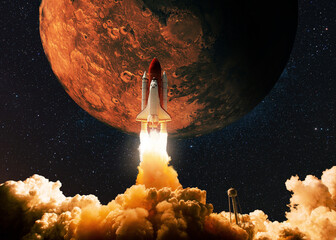 Fototapete - New Space Shuttle Rocket with blast and smoke takes off to the red planet mars, concept. Spacecraft lift off to explore other planets. Rocket launch. Travel to Space