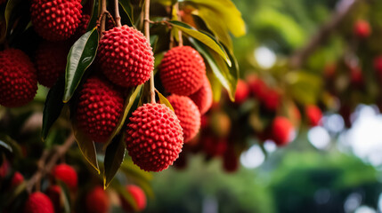 Ripe lychees growing on trees in orchard, background with space for text, copy space, generative AI