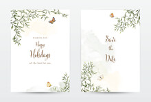 Foliage And Butterflies Watercolor For Invitation Template Cards Set
