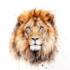 Wall Mural - Beautiful male lion with full mane, isolated on white background. Digital watercolour illustration.