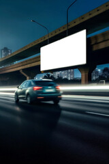 Wall Mural - Advertising billboard white screen beside the expressway with car motion blur, generative ai